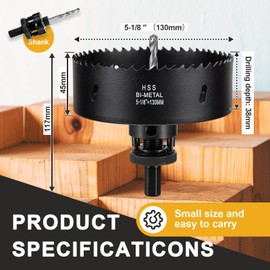 5 1/8 inch Hole Saw Drill Bit for Metal and Wood, M42 Bi-Metal Hole Cutter with 1.5” Cutting Depth for Drywall, Ceiling, Aluminium Alloy, Sheet Iron and Steel Frame