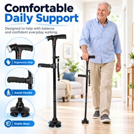 Folding Walking Cane for Seniors with LED Light, Alarm & 4-Foot Base – Adjustable Travel Cane