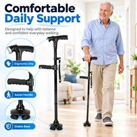 Folding Walking Cane for Seniors with LED Light, Alarm & 4-Foot Base – Adjustable Travel Cane
