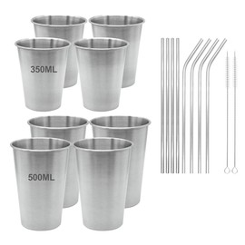 8PCS 304 Stainless Steel Cups with Straws, 11.95 Oz and 17Oz Metal Drinking Glasses each 4 with 8 Straws, Beer Glasses, Stackable Drinking Cups and Metal Cups Set for Milk,Coffee,Water, Beers