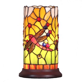Bieye L10650 Dragonfly Tiffany Style Stained Glass Mini Table Lamp with Cylindrical Shade, 10 inch Tall