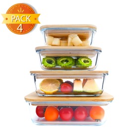 BlueHills Premium Glass Meal Prep Containers with bamboo Lids Plastic Free Glass Food Containers BPA-Free Microwave Oven Freezer Dishwasher Safe 4 pack set 8 pieces (G005 Assorted set bamboo lid)