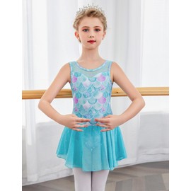Zaclotre Kid Girls Sparkly Dance Leotard with Skirt Hi-Low Shiny Ballet Dance Dresses Mermaid 10-11 Years