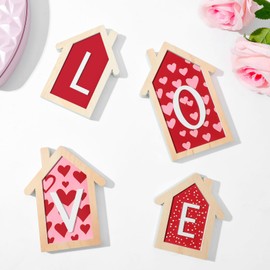 LXDNBGO Valentines Day Decorations - 4 Pcs 3D Wood House Shape Sign, Red and Pink Wooden Tiered Tray Decor, Classic Valentines Day Decor Home Office Shelf Mantel Table