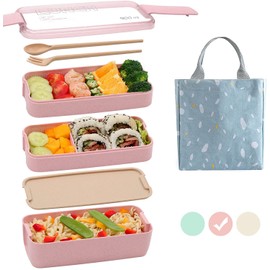 U Chef Lonchera tipo bento con 3 espacios de silicona para comida y almuerzo | Set de contenedores para almuerzo ecológico para niños o adultos con diseño elegante y compacto incluye bolsa portátil (3 piezas) (Rosa)