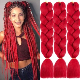 Xtrend 3 Packs 24 Inch Red Jumbo Braiding Hair Extensions for Women High Temperature Kanekalon Braiding Hair for Twist Crochet Box Braids (3 Packs, Red #