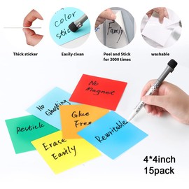 HOHI LINE Dry Erase Reusable Colorful Square 4x4 Self-Stick Notes Pads Sticky Post it Notes Magnetic Whiteboard Markers with Erasers (4"x4", Colorful 15pcs Note Pad)