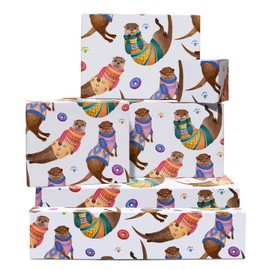 Otter Birthday Wrapping Paper For Men Women - 6 Sheets Of Gift Wrap - Otters In Jumpers - Donut - Paw Print - For Birthday Anniversary Christmas - Recyclable - By Central 23