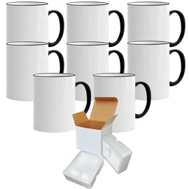 TWISTED ENVY Set of 8 11 oz. Ceramic Sublimation Mugs - BLACK Rim & Handle- Cardboard Box with Foam Supports