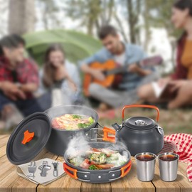 Lixada Camping Cookware Kit, Portable 2-3 People Camping Cooking Set Lightweight Non-Stick Camping Pot and Pan Set with Cups Spoon Fork Cutter for Outdoor Travel Camping Hiking Picnic BBQ