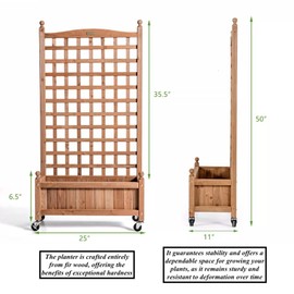 50" Rolling Planter Box Raised Garden Bed with Drainage Hole Trellis Design for Plants Hanging Rack Climbing Plants Solid Fir Wood Construction Perfect for Growing Vegetables Fruits Herbs Flowers