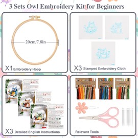 ASTNIC Embroidery Set for Beginners, 3 Pieces Owl and Flower Embroidery Set Adults, Detail Instructions Video Embroidery Kit, Embroidery Clothing, Threads and Needles DIY Art Project Craft Set (Owl