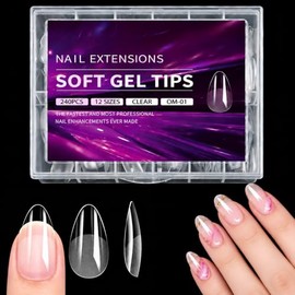 240 Piezas Tips para Uñas Soft Gel, Uñas Postizas Transparentes Forma Almendra, 12 Tamaños, Interior Semimate sin Limado Adicional, Cobertura Completa