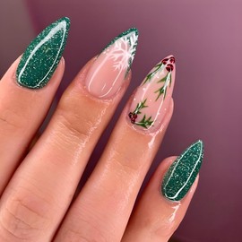 Christmas Press On Nails Almond Medium, Christmas Nails Glue On，24Pcs Christmas Fake Nails With Glue, Christmas Nails Press On With French Green Glitter Design，Stick On Nails for Women