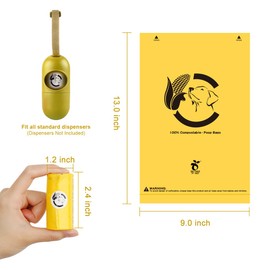 Certified Compostable Dog Poop Bags, 270 Count Landfill Friendly and Leakproof Waste Bags, Easy Open Unscented Maize Yellow Poop Bag for Dog, 15 Doggy Bags Per Roll (18 rolls)