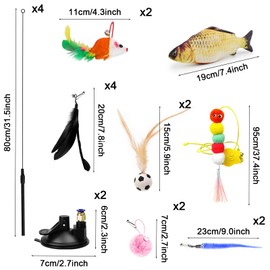 GAOHAN 18 Pcs Cat Toys, Indoor Feather Cat Toy - 4Pcs Poles with 2 Suction Cup, 10Pcs Removable Plush Feather Toys, 2Pcs Bouncy Balls, 1Pcs Doll Fish, and 1Pcs Hanging Plush Ball Toy