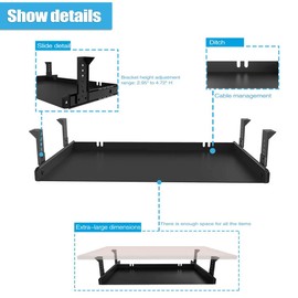 FRMSAET Under Desk Keyboard Tray Heavy-Duty All-Metal Material 20/24/30 inches Platform Computer Drawer Organizer Home Office Kitchen Bedroom Garage Storage Tool - Easy to Install.(20 inches, Black)