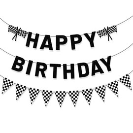 Race Car Happy Birthday Banner, Pre-Strung Racing Themed Birthday Party Decorations Black White Checkered Flag Pennant Hanging Banner for Boys Kids Party Supplies