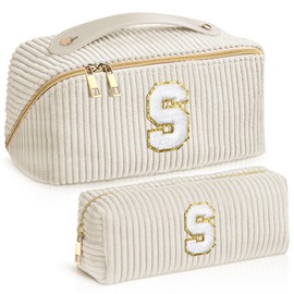 TOPEAST Open Flat Makeup Bag Set, Travel Toiletry Organizer Bag, Cosmetic Bag for Women, Cute Makeup Pouch, Gifts for Mom Daughter Grandma Teacher (Letter S)