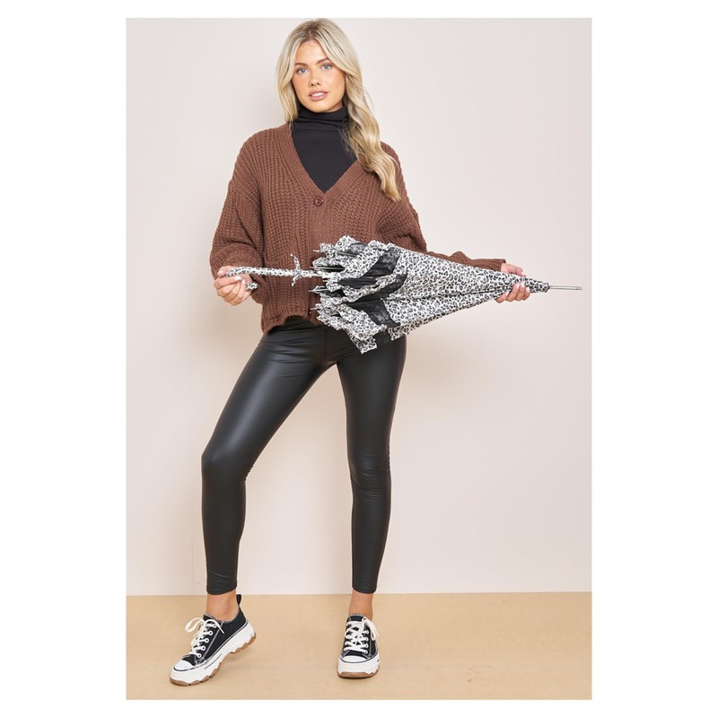 Leopard Seethrough Frill Fancy Long Stick Umbrella for Sun and