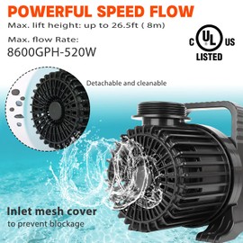 WaterRebirth (8600GPH 520W, UL listed) High Flow Submersible Water Fountain Aquarium Sump Pond Electric Waterfall Pump PS-8600