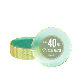 Exquisite Elegant Plastic Plates For Party 40 Dinner Plates - 40 x 7.5 inch Plastic Dessert Plates Set - Thin Delicate Fancy Plastic Plates Disposable Plates for Party Plates | Mint - Gold Rim