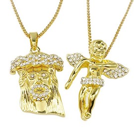 NIV'S BLING Jesus and Angel Pendant Iced CZ with FREE 30" Ball Chain Necklace | 18K Gold Plated Chains for Men and Women Jewelry Set