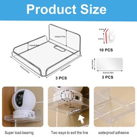 GZkushi 3 Stück Wandregal Ohne Bohren, Acryl Deko Regal Wand mit 10 Kabelclips für Badezimmer, Wohnzimmer, Schlafzimmer, Küche und Büro, 10.2 × 10.2 × 4.5cm