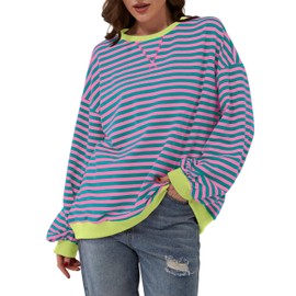 DUOEASE Pullover Women's Striped Oversize Pullover Long Sleeve Autumn Crew Neck Sweatshirt Y2K Tops, Green-rose