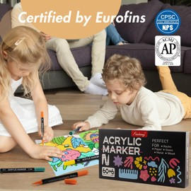 Finnhomy 60+6 Colors Acrylic Paint Markers, Dual Tip Acrylic Paint Pens with Dot Tip and Brush for DIY Crafts, Acrylic Markers with 6 Additional Colors