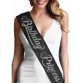Birthday Princess Rhinestone Birthday Sash - Premium Grade Satin & Real Crystal Rhinestone Birthday Party Supplies & Decorations - Black Sash(BdyPrnc RS) Blk