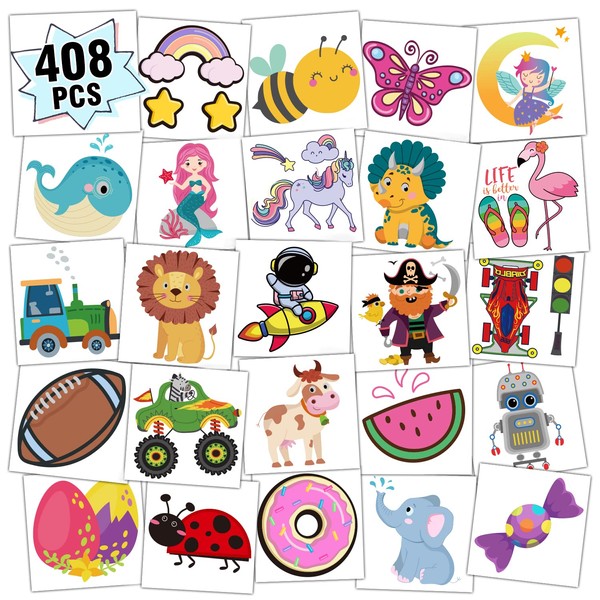 Partywind 408 PCS Kids Tattoos for Party Supplies, Individually Wrapped Sheet Temporary Tattoos Stickers for Kids Gifts Goodie Bag Fillers, Fun Birthday Party Favors