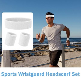 FENQURO Set of 3 Sweatbands Set, Sports Headband, Wrist Striped Sweatbands, Terry Towelling, Sports Training, Basketball Wristband, Headbands, Moisture Wicking, Sweat-Absorbing Headband (White)
