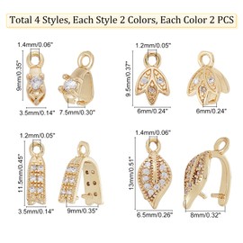 SUPERFINDINGS 16Pcs Brass Pinch Clip Bail Clasp 8 Style Cubic Zirconia Ice Pick Pinch Bails Gold Platinum Plated Bail Clasp for DIY Jewelry Making Pin: 0.7mm