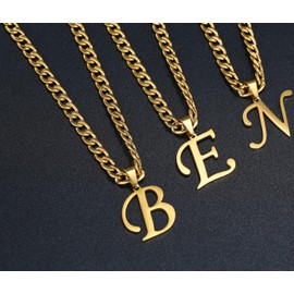 XIRUVE Stainless Steel Initial Letter A-Z Pendant Necklace for Men Women 6mm Width Cuban Chain Length Adjustable