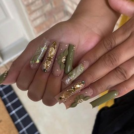 QQPPOLIU Xxl Long Press on Nails Square Shape Green Press on Nails with Rhinestones Design Fake Nails Flower Acrylic False Nails
