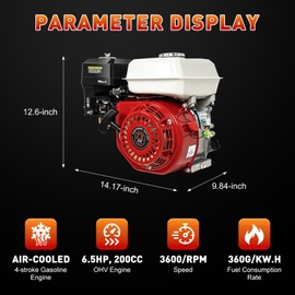 Ringmaster 6.5HP 200CC Gas Engine Horizontal Shaft Motor, 4-Stroke OHV Single Cylinder Air-Cooled Gasoline Motor Engine, Pull Start Petrol Engine Replacement for Honda GX160, 20mm/0.79inch Shaft