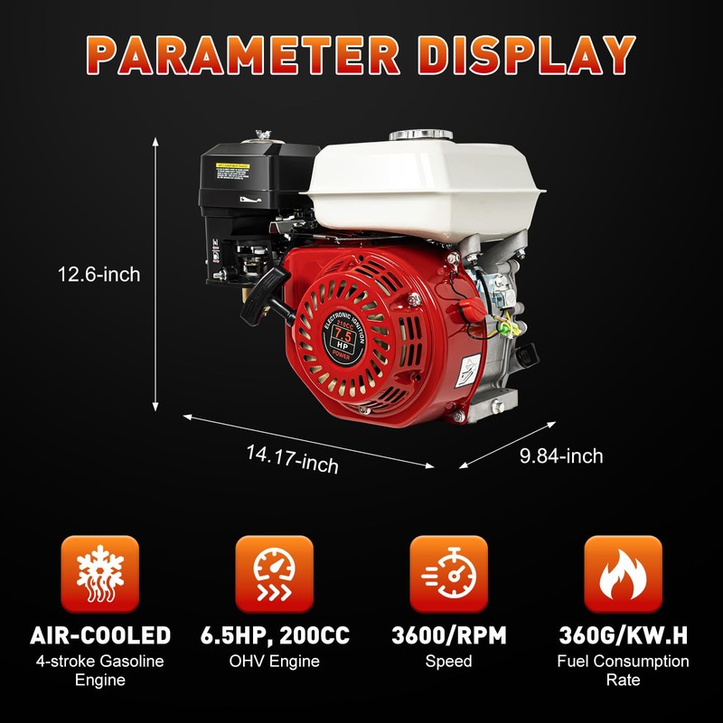 Ringmaster 6.5HP 200CC Gas Engine Horizontal Shaft Motor, 4-Stroke OHV