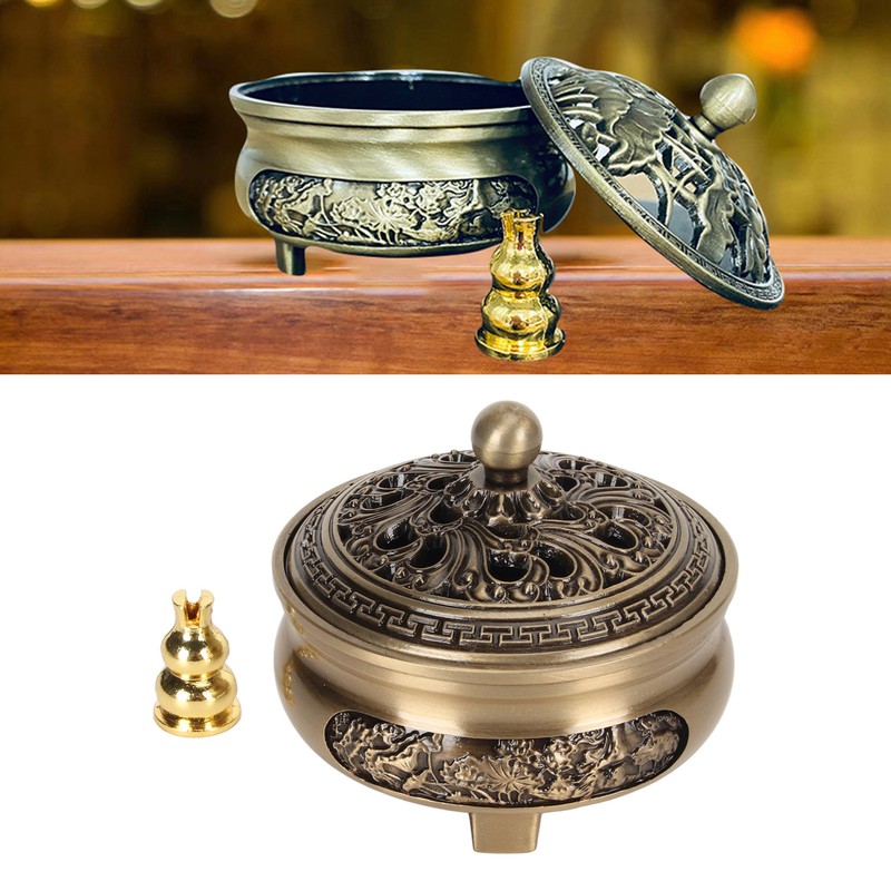 Coil Incense Burner with Lid Antique Beautifully Carved Electroplating Zinc