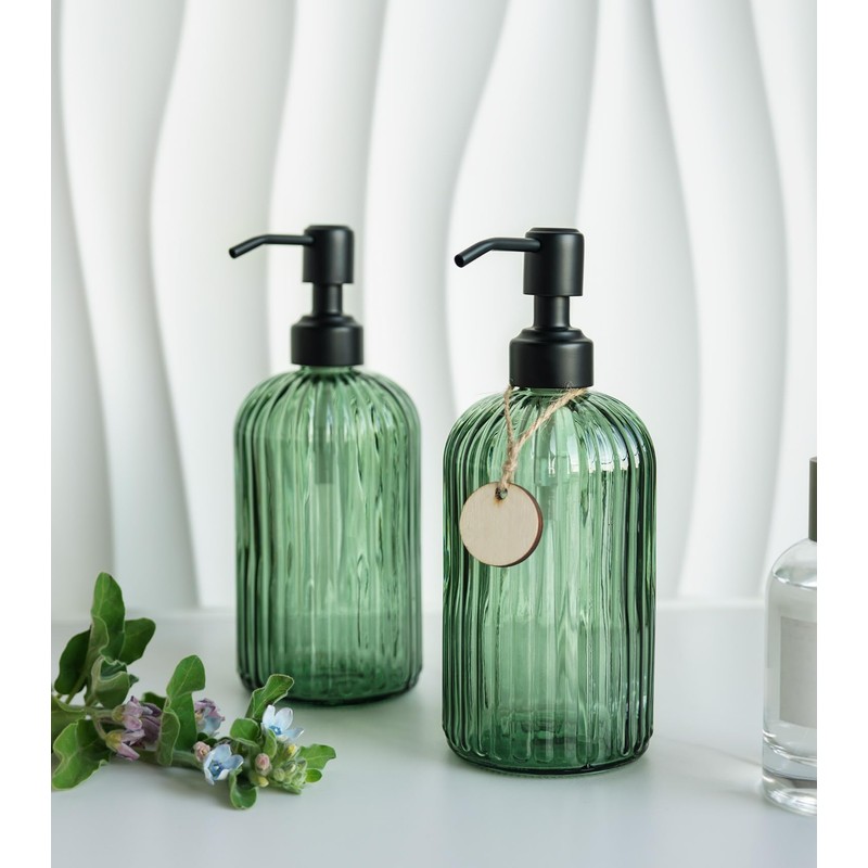 JASAI 18Oz Green Glass Soap Dispenser with Black Rust Proof
