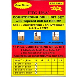 FTG USA Countersink Drill Bit Set 3 Pc #4(7/64") 3 Pc #6 (9/64") 3 Pc #8 (11/64") 3 Pc #10 (3/16") with Tapered Drill Bit for Woodworking