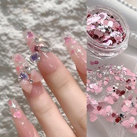 Valentine's Day Love Heart Nail Sequins Holographic Romantic Pink Heart Nail Flakes Design Nail Charms 3D Heart Star Nail Art Glitters Sequins for Women Manicure Makeup DIY Nail Decorations 2 Boxes