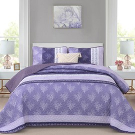 DJY Boho Quilt Set King Size Purple Bohemian Striped Bedspread Coverlet, Floral Lilac Purple Patchwork Stripe 3 Pieces Lightweight Microfiber Reversible Quilt Bedding Set, 110''x90''