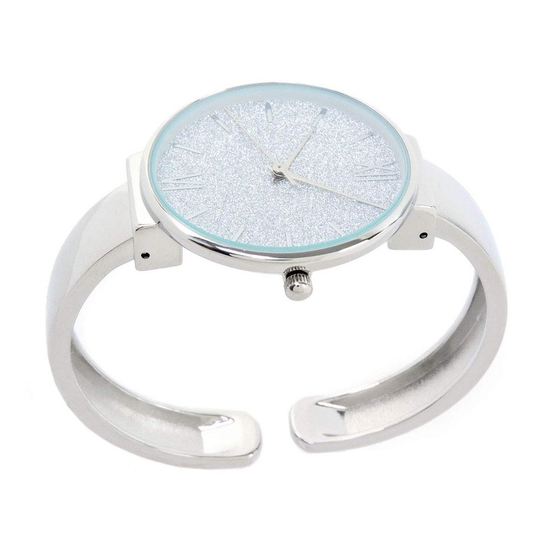 Silver Round Face Glittered Dial Fashion Women's Bangle Cuff Watch