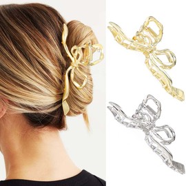 Fashey Bow Hair Claw Clips Gold Metal Claw Clip 2 Pcs Large Bowknot Hair Jaw Clips Hair Accessories for Women