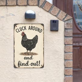 Chicken Warning Tin Sign 8X12IN "Cluck Around & Find Out" Farmhouse Humor Wall Art for Coop, Kitchen & Country Style Home Decor