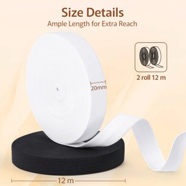 VynyQoo 20mm Elastic for Sewing, 2 Rolls 12m Long Thick Elastic Bands, White Elastic and Black Elastic for Crafts, Sewing, DIY Projects and Clothing