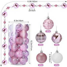 Liliful 30 Pcs 2.4 Inch Christmas Ball Ornaments and 79'' Glitter Candy Ball Garland Christmas Tree Hanging Decorations for Xmas Tree Indoor Outdoor Party Holiday Decoration(Pink and White)