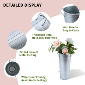 Entjor 8 Pcs 9 Inch Galvanized Metal Vase with Handles,Tin Flower Bucket for Flower Bar,Home Decor,Wedding Centerpiece,Table Decorations,Unbreakable Tall Vase for Fresh Flowers (Silver, 9 inch)
