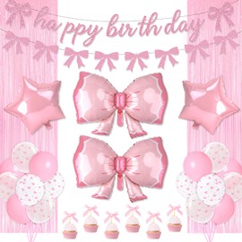 Pink Bow Birthday Decorations for Adults and Women, 44Pcs Pink Decorations with Balloons Cupcake Toppers Banner Fringe Curtains for Bow Themed Coquette Birthday Decorations